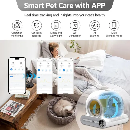Litière pour chat autonettoyante avec protection de sécurité pour chats et chats domestiques, taille XXL, isolation des odeurs et contrôle des applications avec tapis