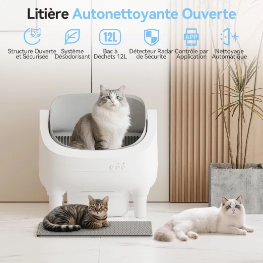 Litiere Chat Autonettoyante,APP Contrôle,Bac à Litière Ouvert en Haut Autonettoyant,XXL,Chat de 15 kg,15 Jours Autonettoyant,pour Plusieurs Chats bac à Litière Automatique