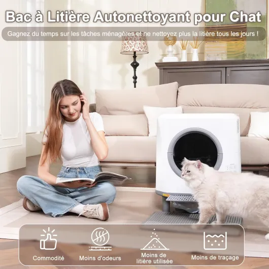 Litiere Chat Autonettoyante, Litière Automatique Anti-Fuites/Pincement/Odeur, Contrôle APP, Bac Litiere pour Chat Capacité 90L pour Plusieurs Chats, Vidage en 1 Touche Nettoyage Facile 019 Litiere Chat Autonettoyante