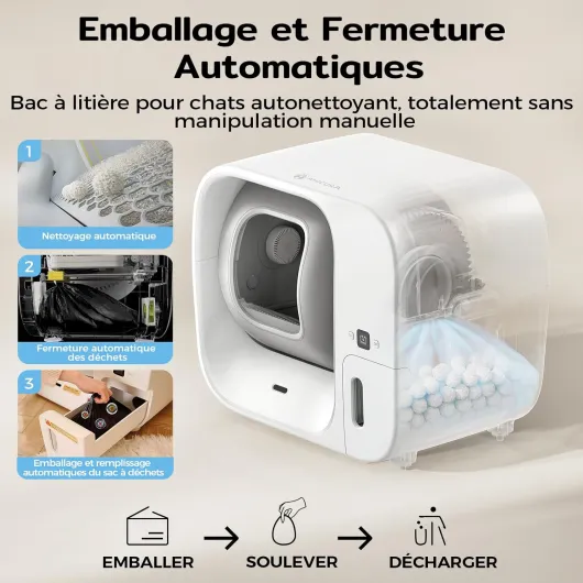 Cura3 Litiere Chat Autonettoyante - Système Auto-Emballage (Zéro Contact Déchets), Sécurité TÜV Anti-Pincement/Contrôle APP/Anti-Odeur/Anti-Fuites, Bac à Litter Automatic pour Plusieurs Chats Cura3 litière autonettoyante
