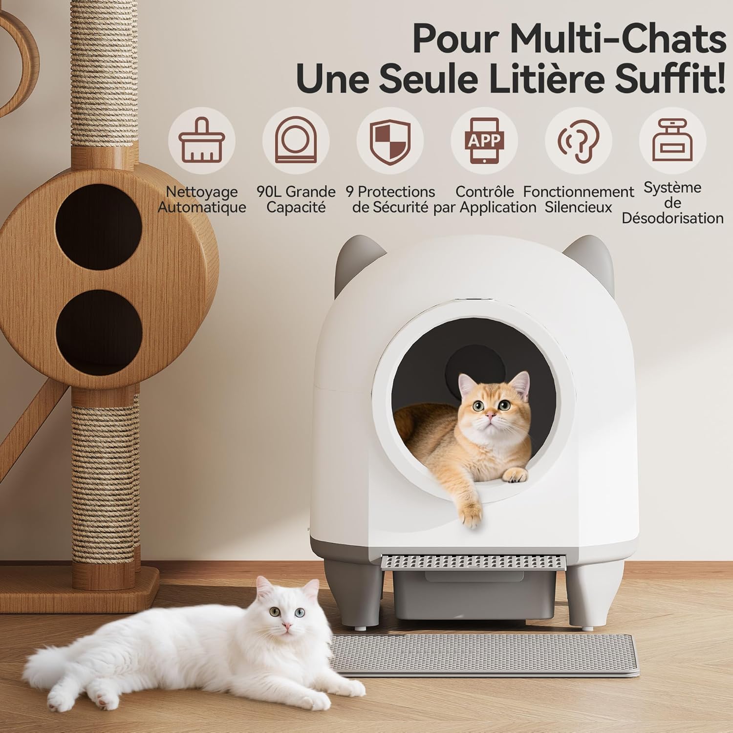 Litière Chat autonettoyante Oreilles de Chat - Litière Automatique 90L contrôlée par Application - Auto-nettoyante, sécurité et neutralisation d'odeurs, pour Plusieurs Chats