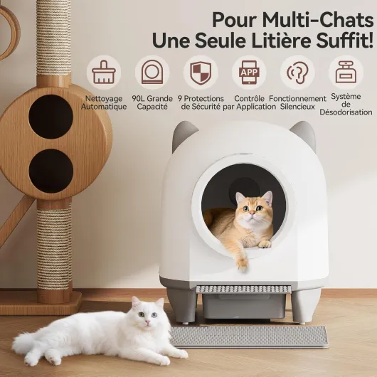 Litière Chat autonettoyante Oreilles de Chat - Litière Automatique 90L contrôlée par Application - Auto-nettoyante, sécurité et neutralisation d'odeurs, pour Plusieurs Chats