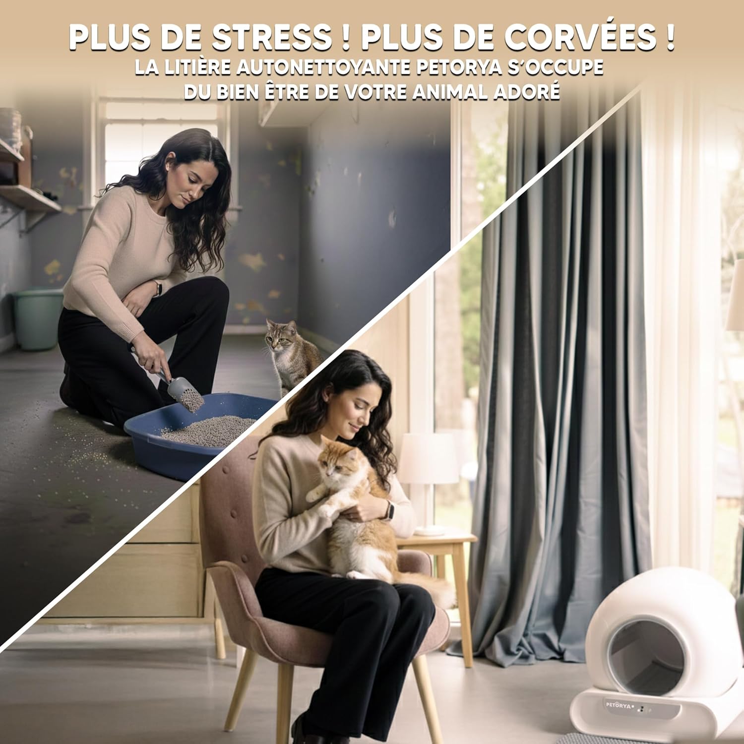 Litiere Chat Autonettoyante PETORYA, Bac à Litière Automatique, Anti-Fuites/Anti-Pincement/Anti-Odeur/Secure/Contrôle APP/Nettoyage Facile, Capacité XXL de 65L pour Plusieurs Chats