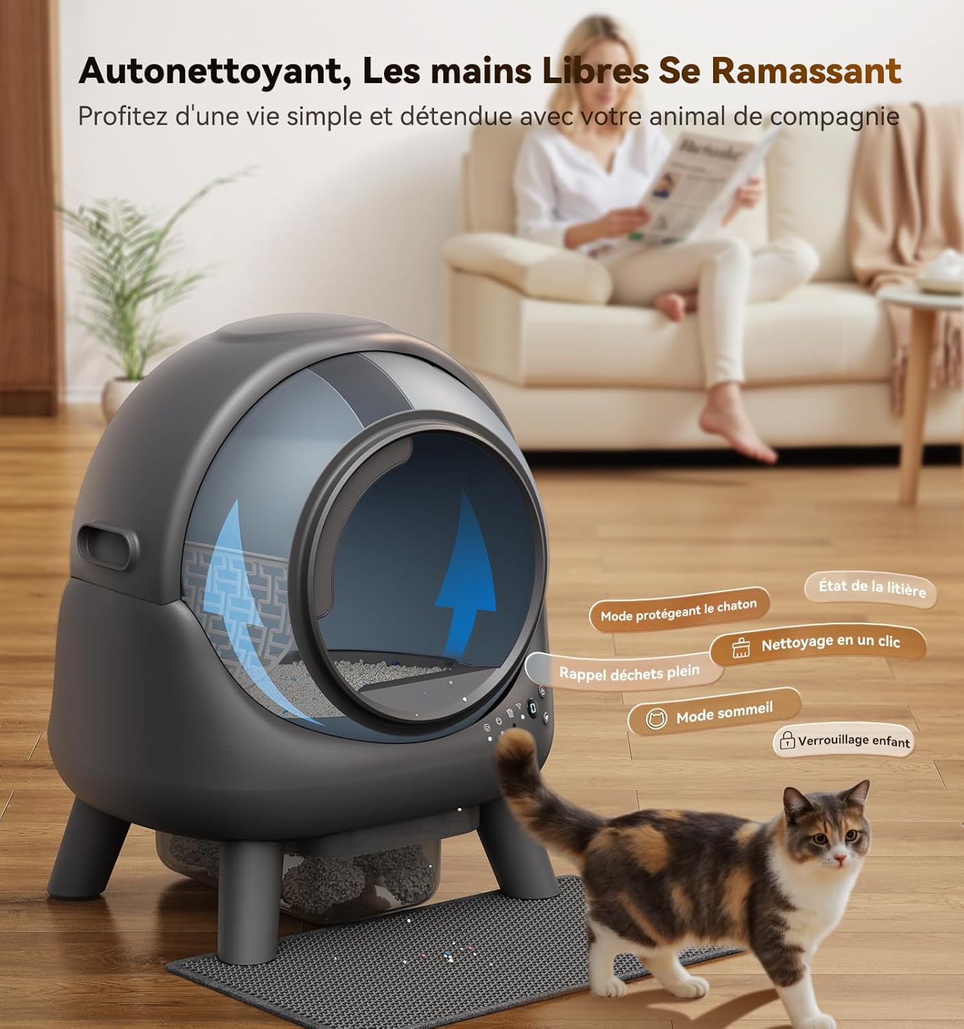 Litiere Chat Autonettoyante FEELNEEDY, Bac à Litière Automatique, Anti-Fuites/Anti-Pincement/Triple Anti-Odeur/Secure/Contrôle APP/Nettoyage Facile, Capacité Maximale de 65L
