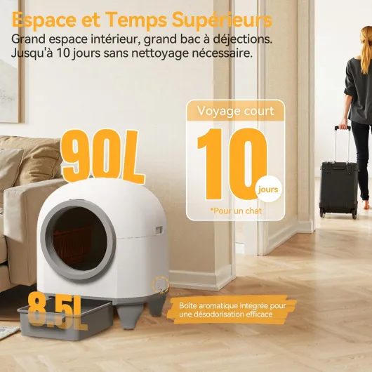 Litiere Chat autonettoyante Grande Capacité 90L - Automatique avec Contrôle par Appli et 9 Capteurs - Litiere Automatique pour Chat Auto nettoyante conçue pour Les Grands Chats (Max - 10kg)