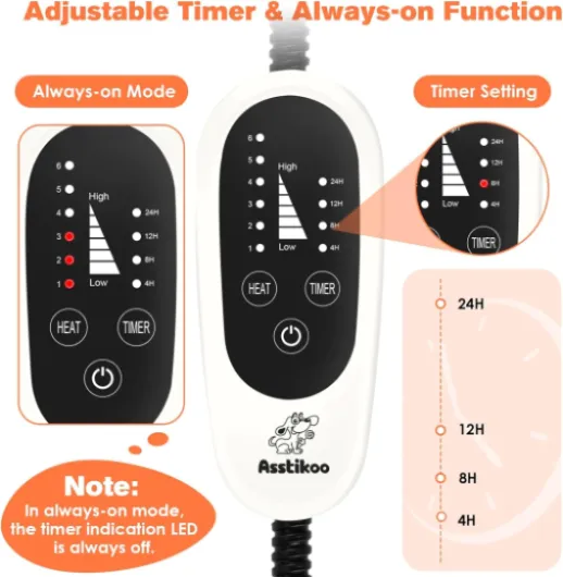 Tapis chauffant pour chiens chats, tapis chauffant pour animaux domestiques avec 4 minuteries et 6 niveaux température 30-55 ℃, couverture thermique chat chiens anti-morsure imperméable (XL XL - 90X60cm