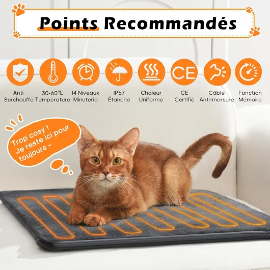Tapis Chauffant pour Chien et Chat L 45x70cm – Températures 30–60℃ & 14 Minuteries (0–12/24H), Coussin Chauffant Électrique pour Animaux, Écran Auto-Off, Câble Anti-Morsure 1,8m, 2 Housses 30–60 ℃ (par 1 ℃) L