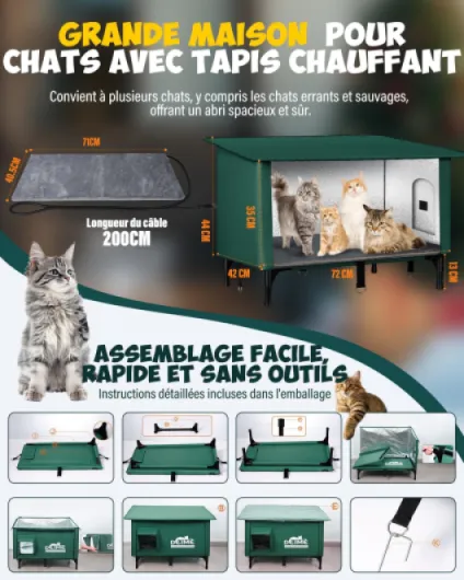 Agrandie Niche pour Chat Exterieur, Chauffée Cabane Chat Exterieur avec Coussin Chauffant et Portes de Secours, Maison/Abri Chat Errants Extérieur Étanche pour Plusieurs Chats, Robuste, Contre Froid
