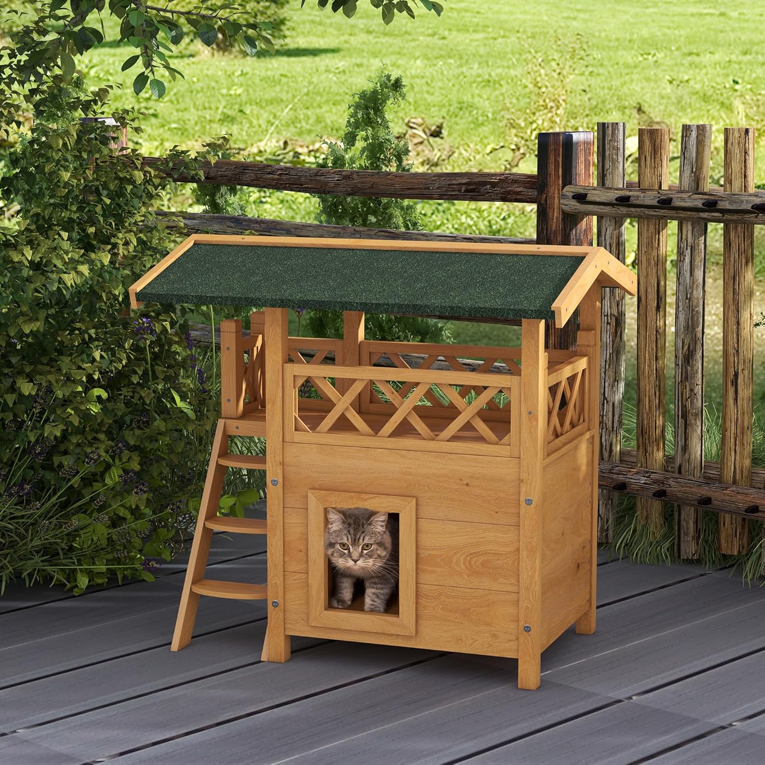 Maison Lodge pour Chats Sauvage errants - Niche Villa avec terrasse, escalier, Toit pour Chat - 77 x 50 x 73 cm - Bois Naturel et Vert