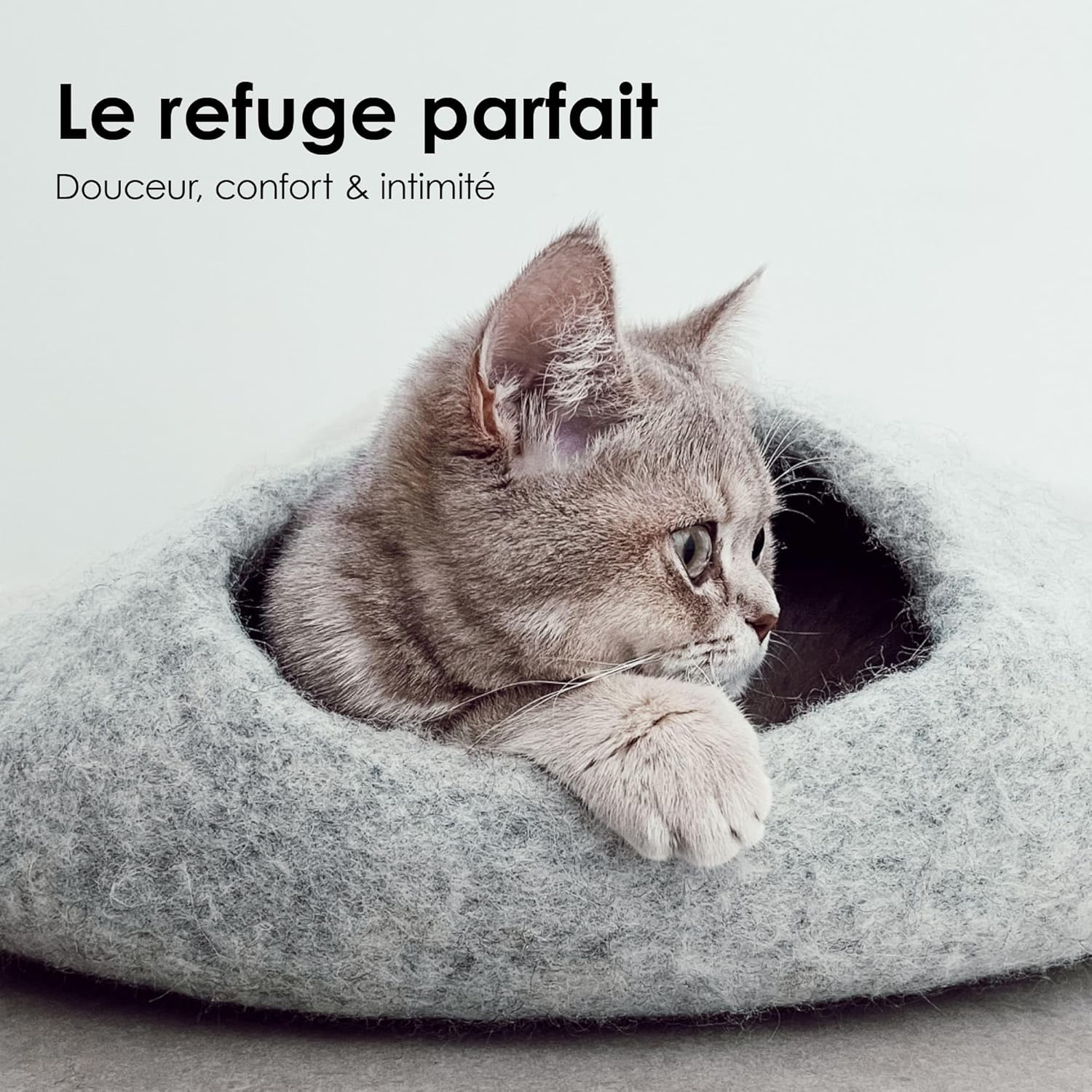 ® Grotte de Lit pour Chat - Panier Confortable 100% Laine Naturelle - Niche Fait à la Main au Népal - Maison d'Intérieur - 45x45x28cm - Gris Clair