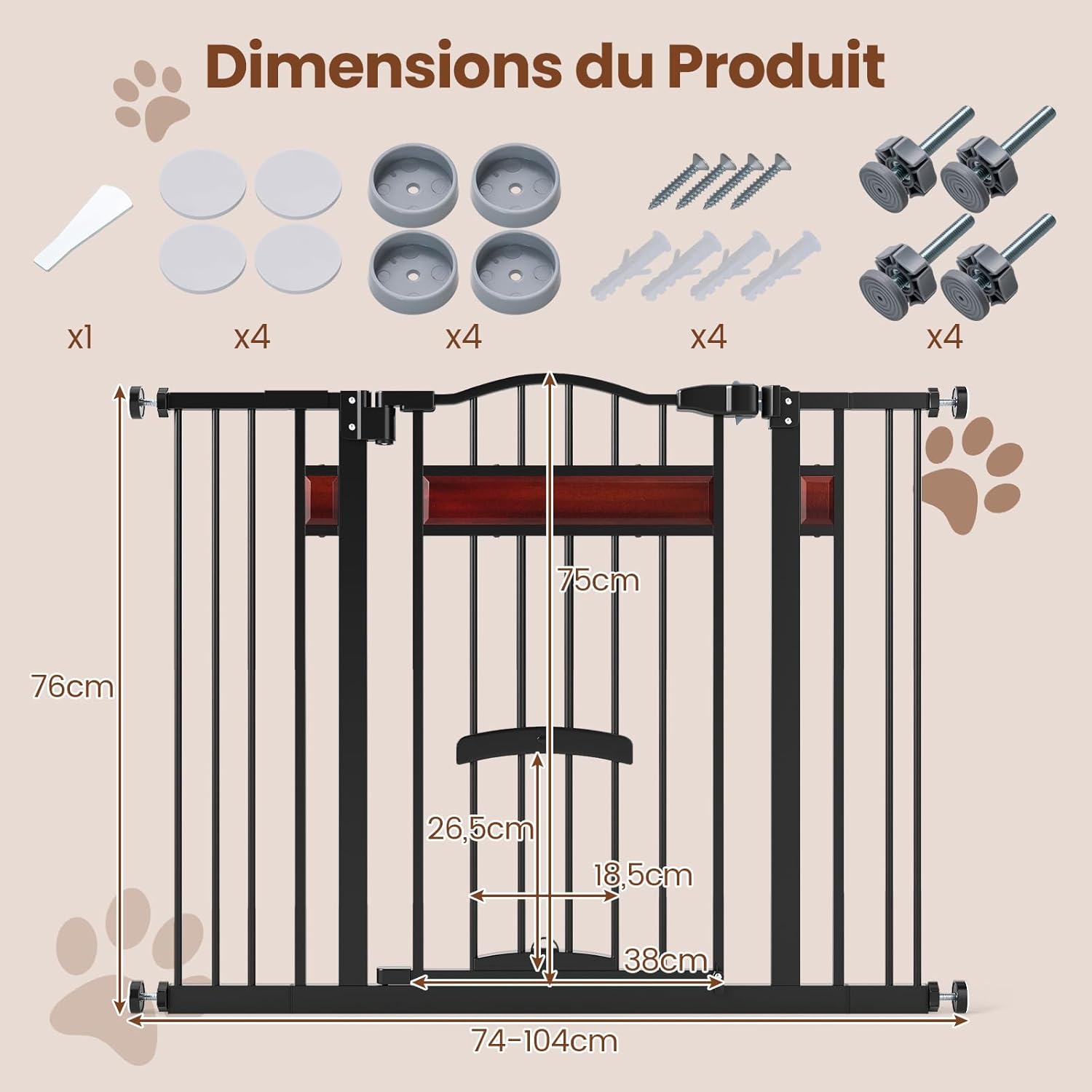 Barriere de Securite Chien Ouverture 74-104 cm, Barriere Chien Chat 2 Extensions, Petit Porte Relevable, Fermeture Verrouillage Automatique, Double Verrouillage, Pression/Matériel Monté, Noir Noir Petit Porte Relevable