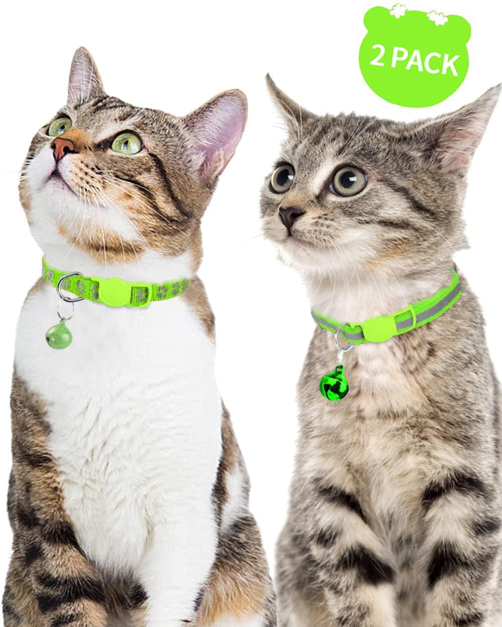 Collier Chat Anti Étranglement, 2 pcs Réglable Réfléchissant Collier pour Chat Chaton Chiot avec Clochette et Boucle de Sécurité, 19-32cm Vert 19-32 cm (Lot de 2) Vert