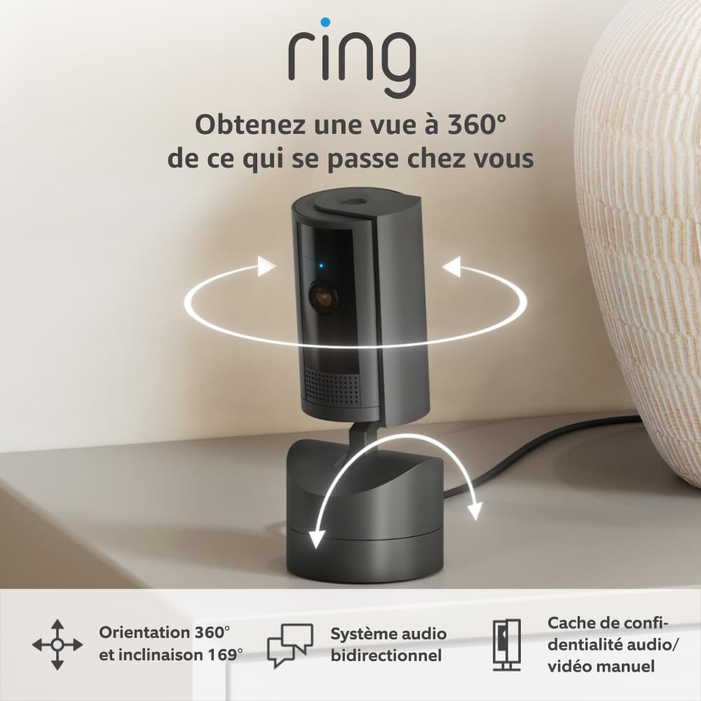 Caméra intérieure orientable Ring (Pan-Tilt Indoor Camera) - Caméra de surveillance des animaux, à prise, orientable à 360° et inclinable à 169° - Essai Ring Protect gratuit 30 jours Noir 1 Caméra surveillance