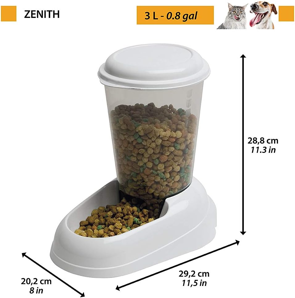 Distributeur de croquettes pour Chiens et Chats Zenith, 3 litres, Distributeur de croquettes pour Animaux, Fond antidérapant, 20,2 x 29,2 x h 28,8 cm Blanc Distributeur de nourriture Blanc