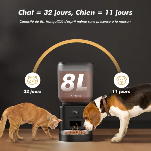 Distributeur Croquettes Chat et Chien Automatique, 8L Grande Capacité, 1-6 Repas par Jour, avec Cuve en Acier Inoxydable, Enregistreur Vocal 10s Noir Un bol