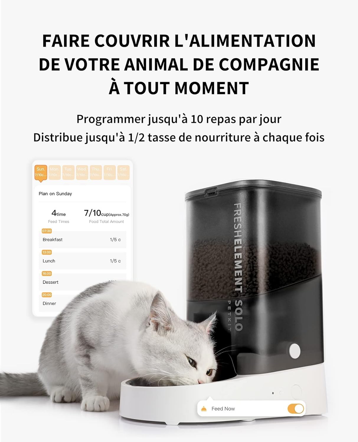 Distributeur Automatique pour Chats et Chiens,2.4G WiFi 3L Mangeoire Automatique, Connecté App,avec Bol en Acier Inoxydable,Jusqu'à 10 Repas par Jour,Double Alimentation d'énergie(Blanc Pâle)