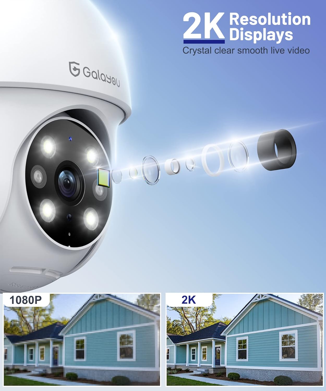 2k Camera Surveillance WiFi Exterieure PTZ, Caméra de Surveillance Extérieur 360° Étanche, Vision Nocturne en Couleur, Suivi Intelligent, Alerte instantanée, Alexa Y4 2p 3MP-2P