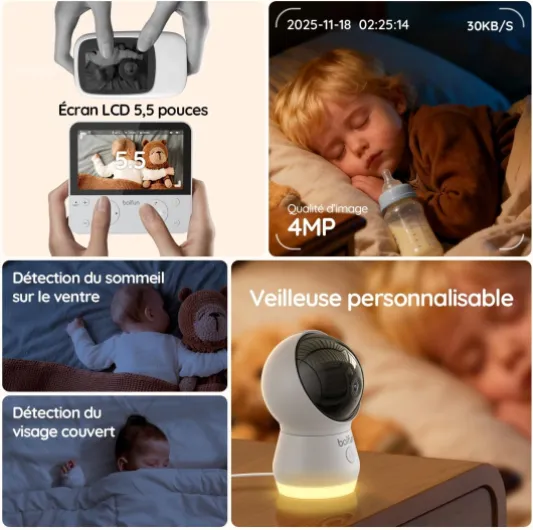 BOIFUN Babyphone Caméra WiFi 4MP 5,5”, Contrôle APP & Écran, Détection Visage Couvert & Sommeil sur Le Ventre, Mouvement, Pleurs, Temp/Humidité, Veilleuse, Vision Nocturne, Autonomie Jusqu’à 23 h Blanc Babyphone Intelligent 4TM – AI Amélioré