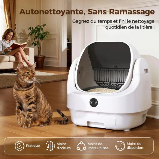 Litiere Chat Autonettoyante Ouverte, Ellenpent Litière Automatique Grande Capacité & Contrôle par App & Sécurité, Bac Litiere pour Chat sans Odeur, Idéal pour Multi-Chats & Voyages Blanc