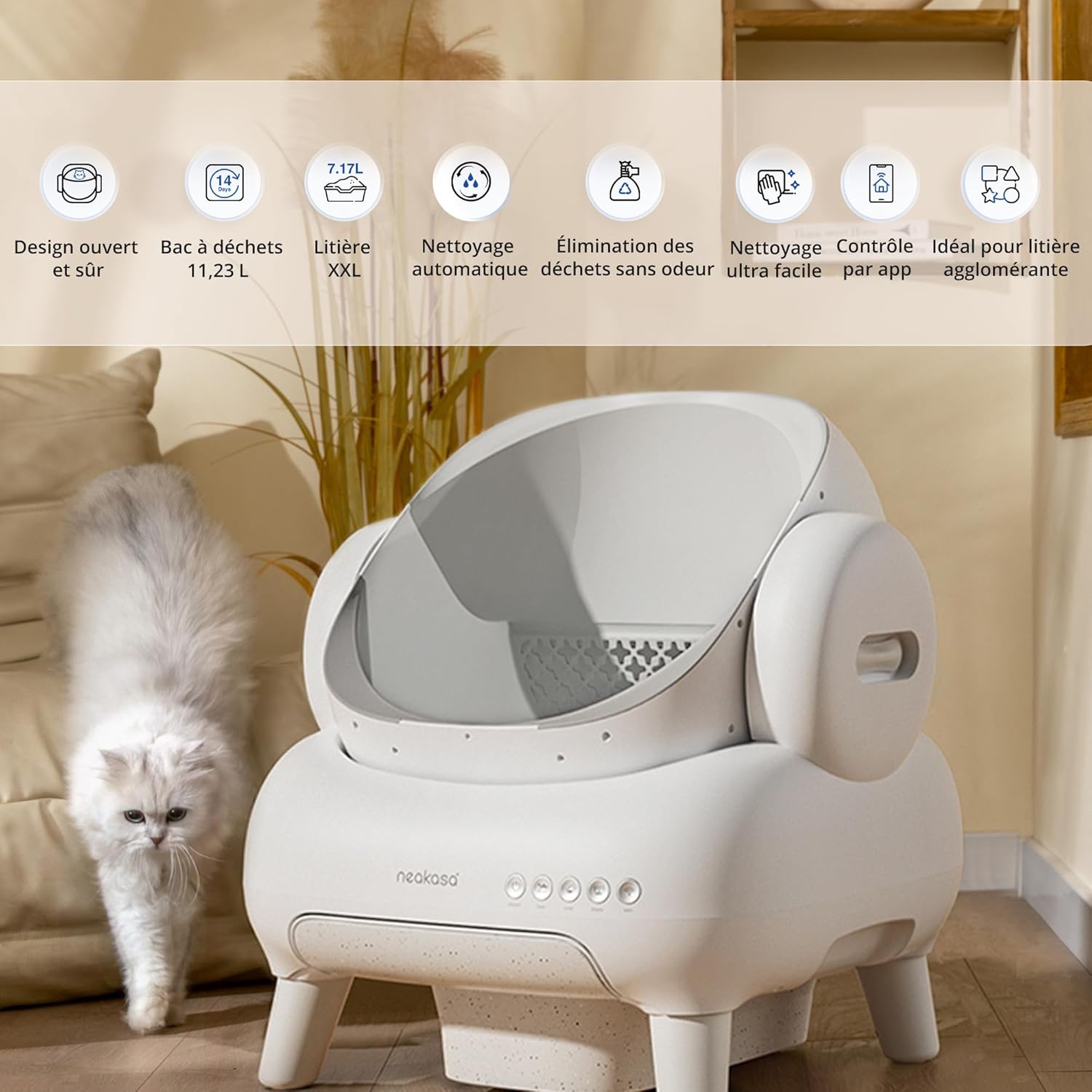 M1 Lite litière Chat autonettoyante Ouverte, litière Automatique XXL, Grande capacité & contrôle Via Application, sans Odeur, idéal pour foyers Multi-Chats & Voyages Blanc XXL