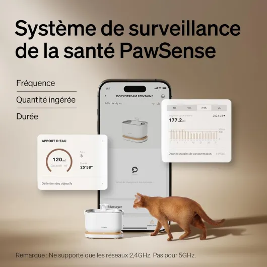 Fontaine a Eau Chat de APP Surveillance,2,5L Dockstream Fontaine à Eau pour Chat,Statistiques Intelligentes de l'eau Potable,Ultra Silencieux,Multi-Filtration,Wi-FI 2,4GHz a - Fontaine de APP - ‎Blanc