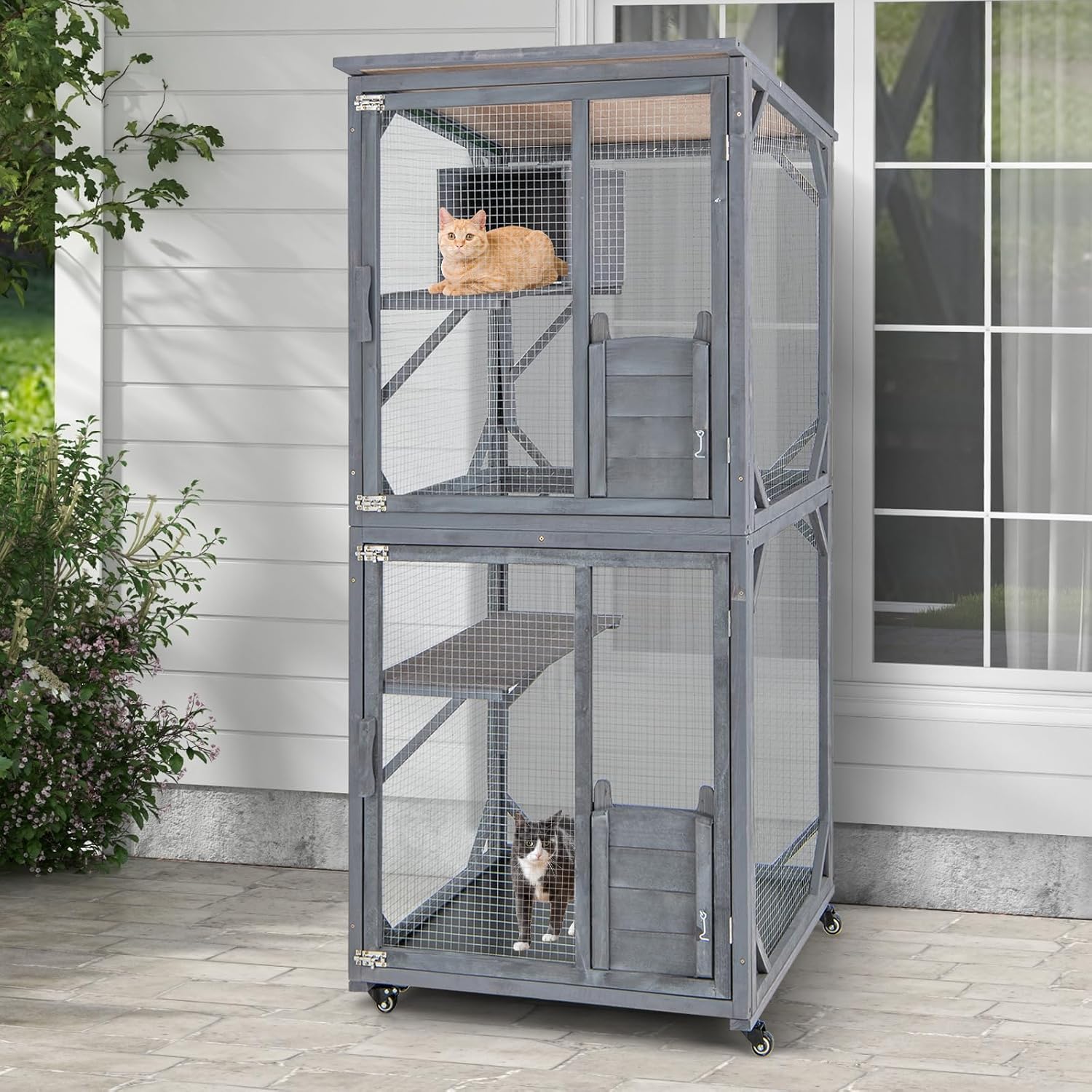 Grande Cage pour Chat, Enclos Extérieur sur Roues avec Boîte de Repos, 2 Plateformes, Toit en Asphalte Résistant aux Intempéries, Portes d'Entrée, Couche de PP, 80 x 70 x 182cm