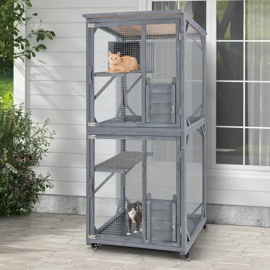 Grande Cage pour Chat, Enclos Extérieur sur Roues avec Boîte de Repos, 2 Plateformes, Toit en Asphalte Résistant aux Intempéries, Portes d'Entrée, Couche de PP, 80 x 70 x 182cm