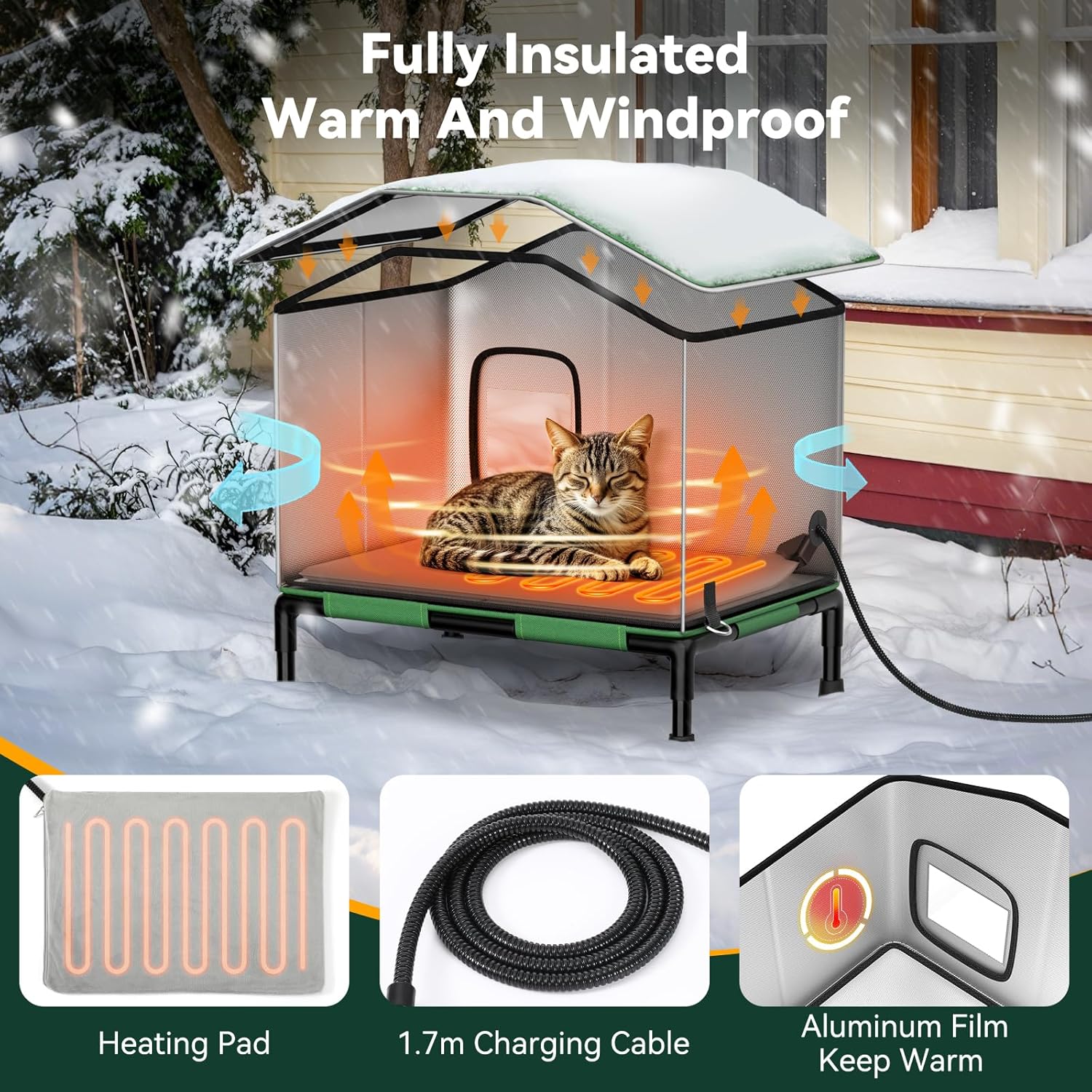 Maison pour Chat Chauffée pour l'extérieur en Hiver, Abri pour Chat Résistant aux Intempéries avec Auvent Imperméable et Base Surélevée,Maison pour Chats Isolée pour l'extérieur avec Chauffage Vert S+20.9x19.3x12.6in