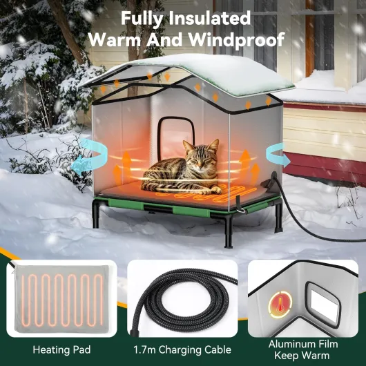 Maison pour Chat Chauffée pour l'extérieur en Hiver, Abri pour Chat Résistant aux Intempéries avec Auvent Imperméable et Base Surélevée,Maison pour Chats Isolée pour l'extérieur avec Chauffage Vert S+20.9x19.3x12.6in
