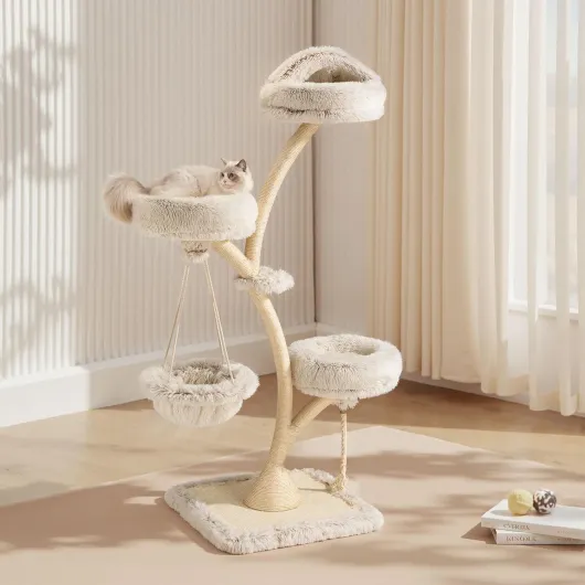 Arbre Chat Design 59 x 59 x 169 cm Beige Charge 15 kg 3 Niveaux Forme Branche avec Peluche et Sisal Tronc de grattage Grattoir Tour Mobilier ludique Animal Domestique 169cm