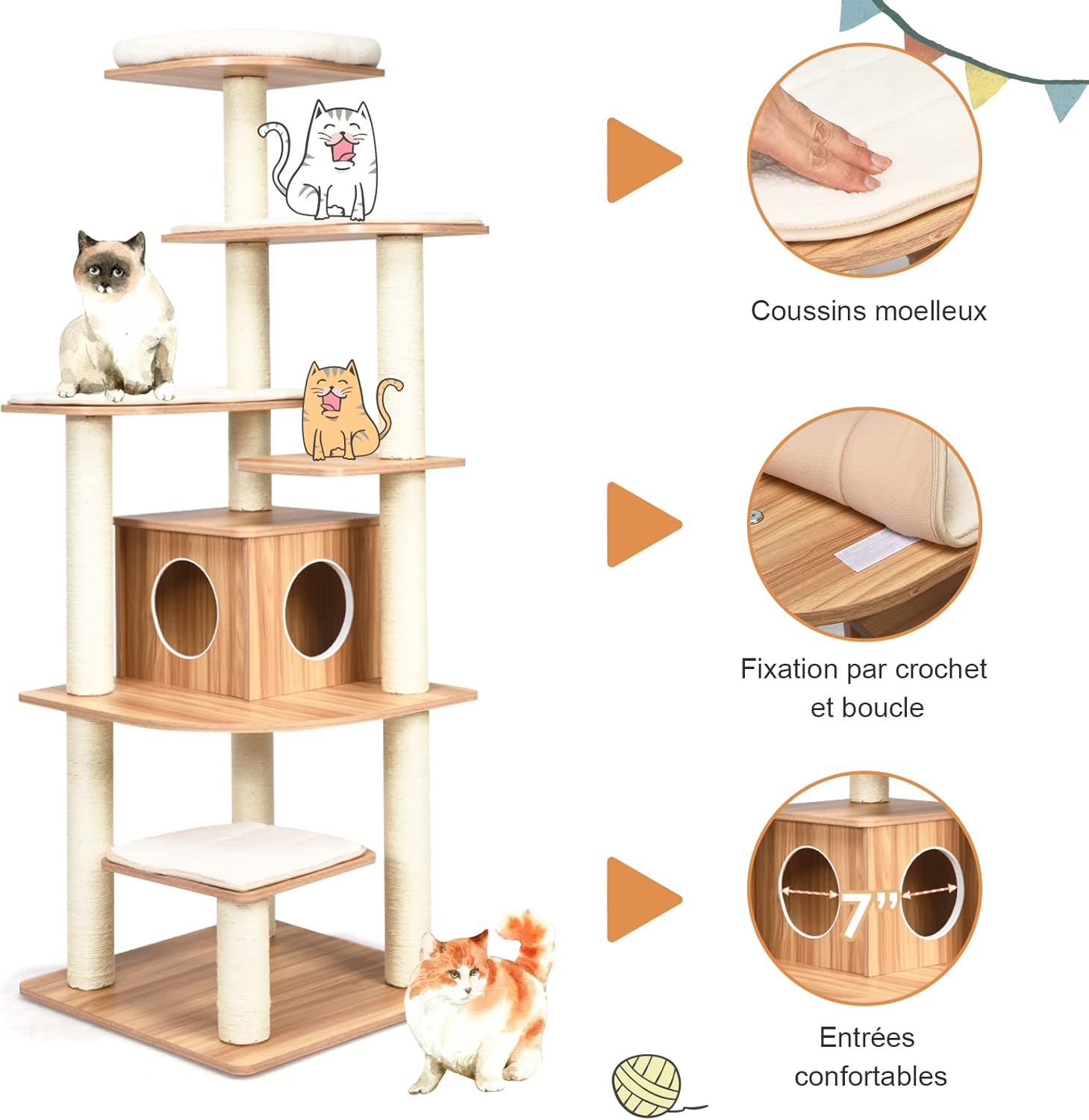 Arbre a Chat en Bois, 87 x 87 x 175 CM, 6 Niveaux, Arbre a Chat XXL avec Plateformes, Coussins Confortables, Poteaux en Sisal, Niche pour Couchage, Conception Anti-Bascule, Brun+Naturel