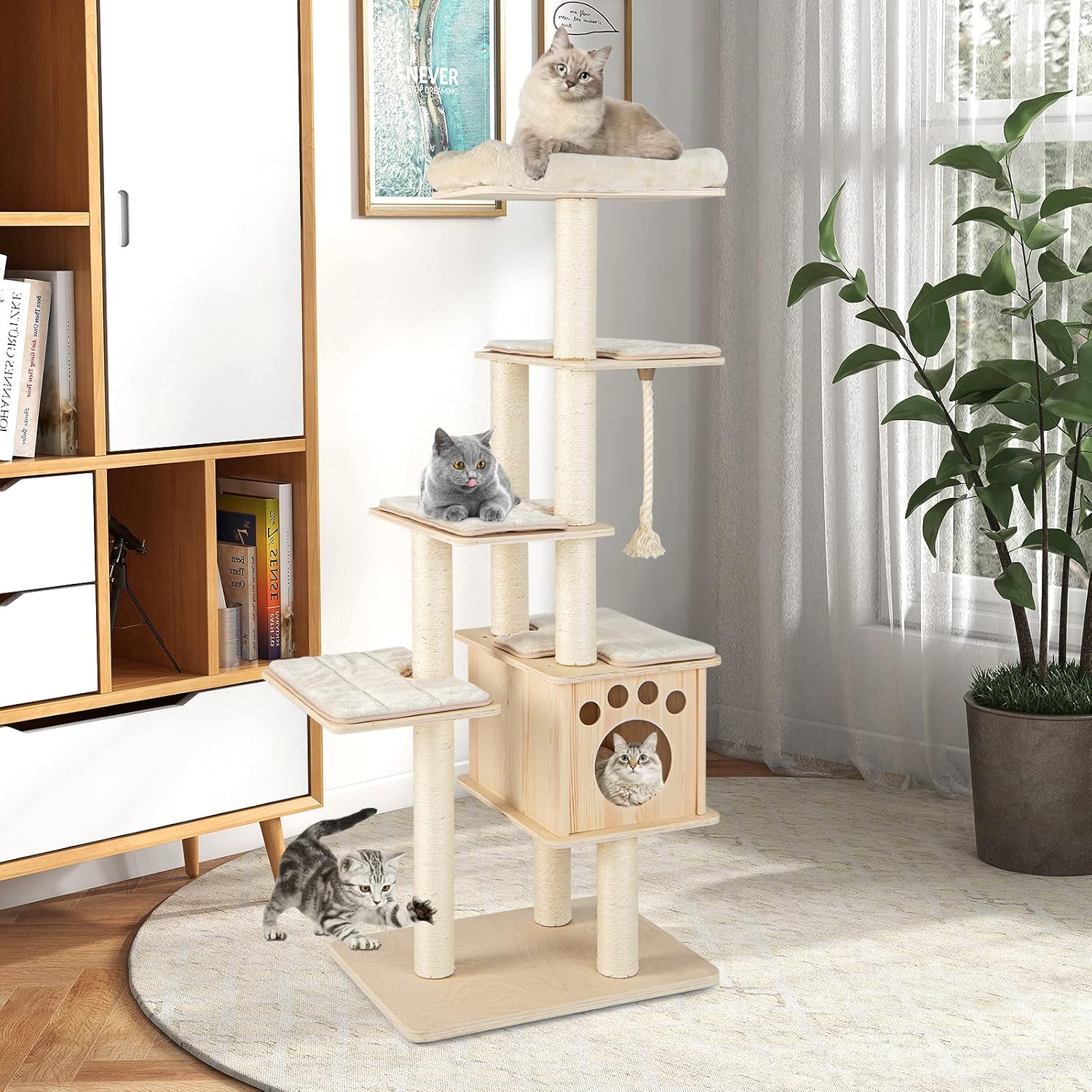 Arbre a Chat XXL en Bois 170 cm, 5 Poteaux à Griffer en Sisal, 5 Plateformes, Condo, Corde en Sisal, Arbre a Chat Maine Coon, Coussin Amovible, pour 4-6 Chats, 70 × 50 × 170 cm, Beige 170 cm Beige