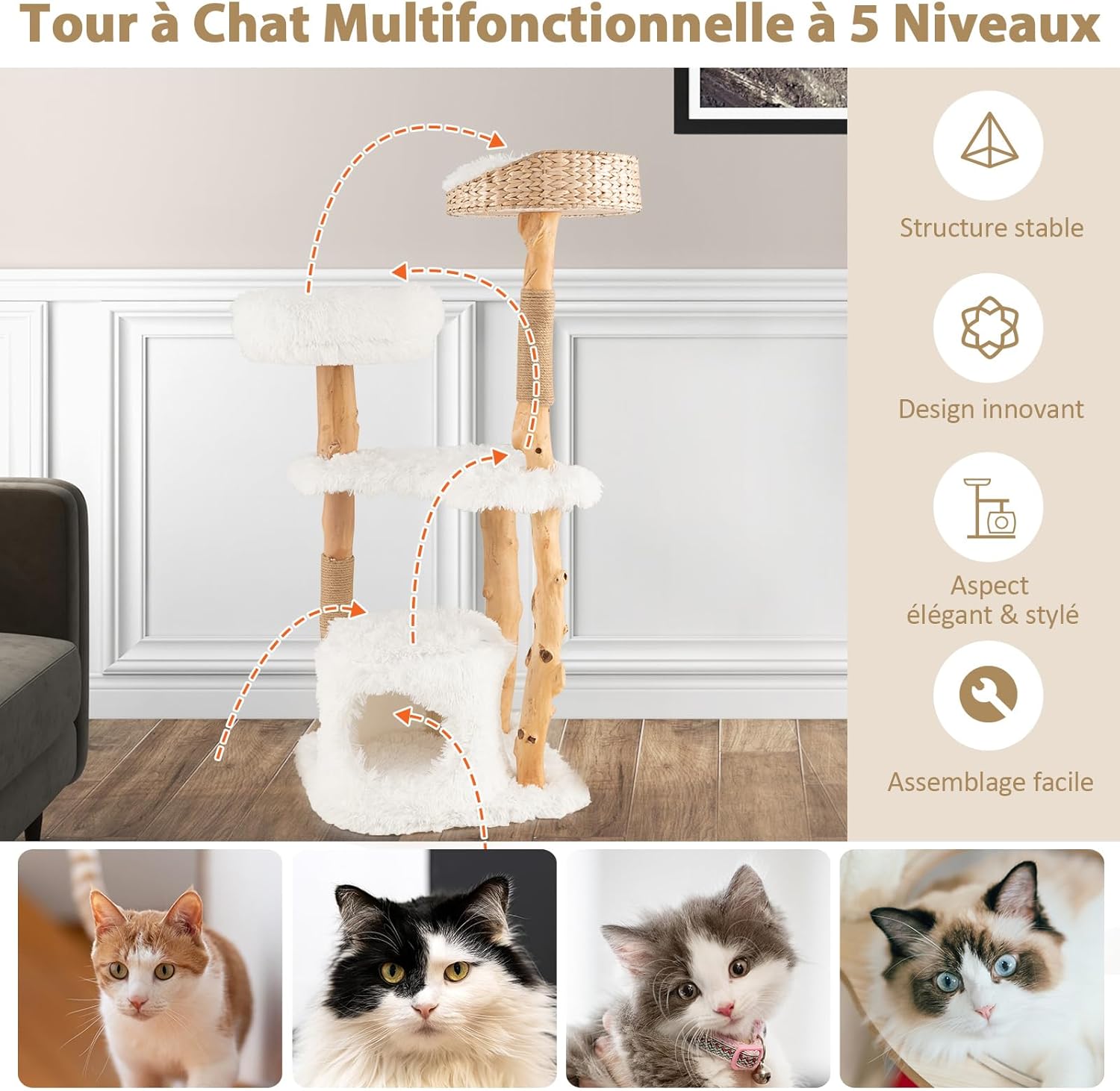 Arbre a Chat 48 x 48 x 124 CM à 5 Niveaux en Bois Massif avec Plateforme, Perchoir, Condo, 2 Griffoirs Recouvert de Jute, Arbre à Chat pour Se Reposer, Jouer, Ramper et Aiguiser 124cm Blanc
