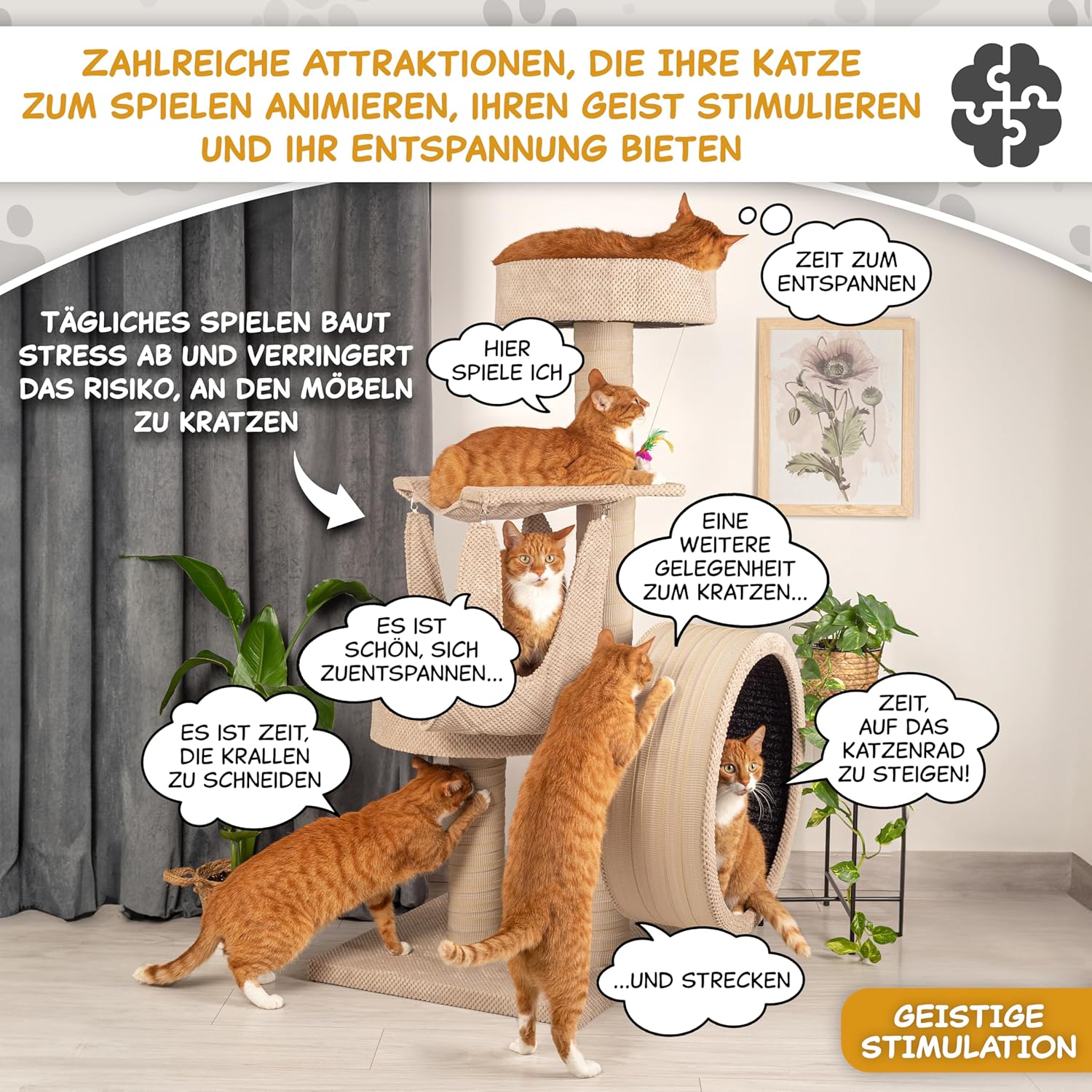 Outentin Arbre à chat avec petite roue en bois massif et stable - Arbre à chat robuste de taille moyenne et robuste - Hauteur : 135 cm - Troncs épais - Beige
