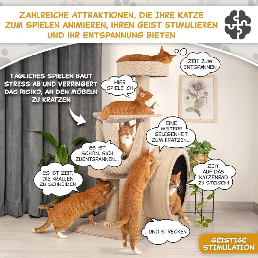 Outentin Arbre à chat avec petite roue en bois massif et stable - Arbre à chat robuste de taille moyenne et robuste - Hauteur : 135 cm - Troncs épais - Beige