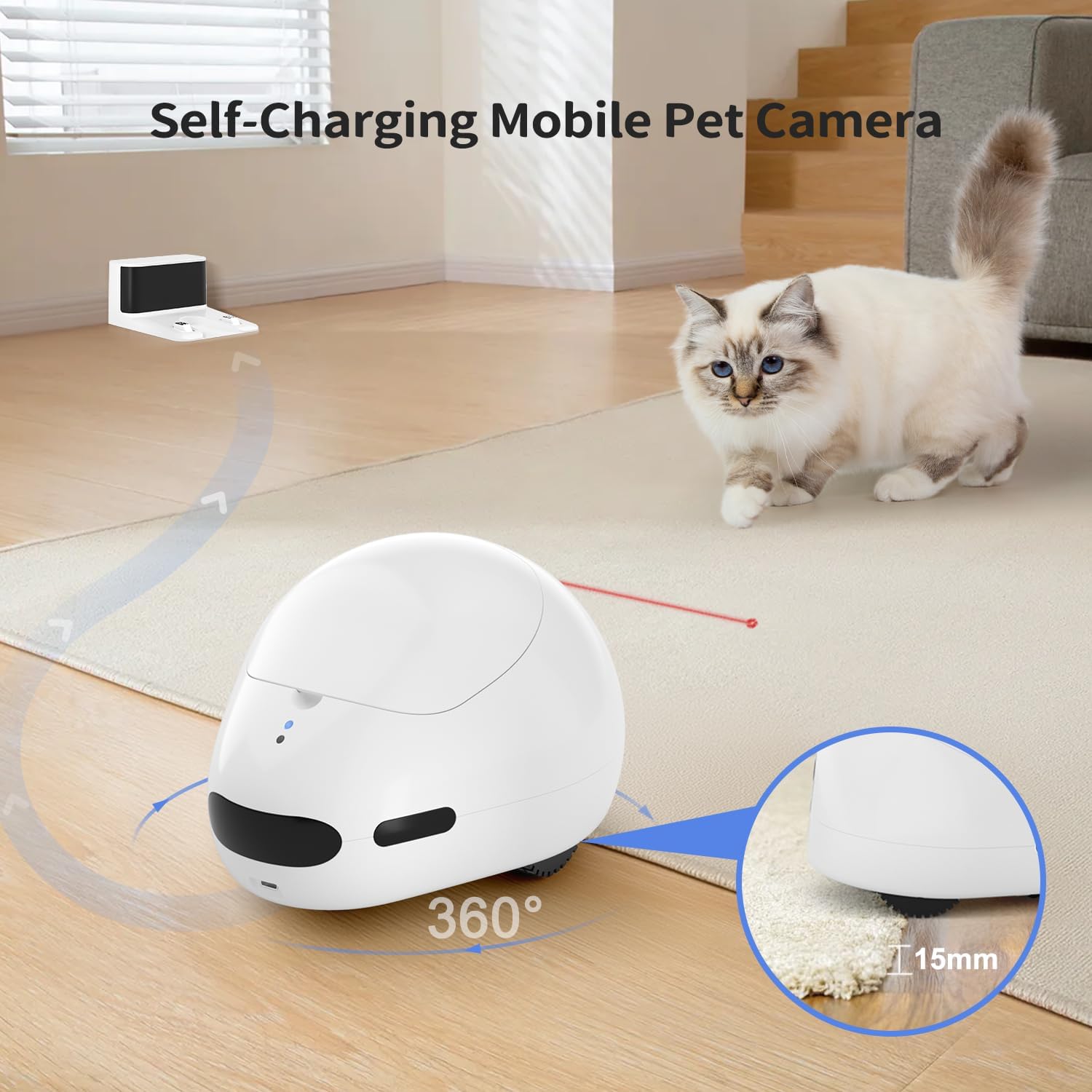 Appareil photo pour chat, robot avec application pour téléphone, distributeur de friandises pour animaux domestiques, caméra d'intérieur pour chien, caméra avec vision nocturne, audio et vidéo Caméra pour animaux de compagnie - Modèle auto-rechargeable