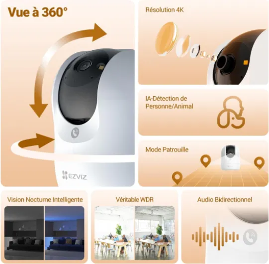 4K Caméra Surveillance WiFi Intérieure 360 °, Camera Bébé avec WiFi 2.4/5Ghz, Détection Humain/Animaux/Bruit, Vision Nocturne Couleur avec Véritable WDR, Suivi Auto, C6N G1 4K 2PK 8mp 2 Pack
