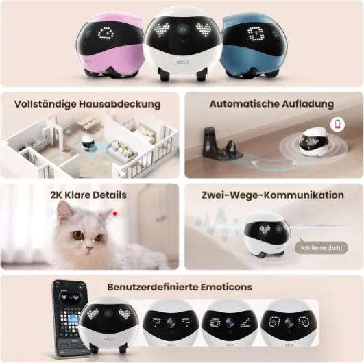 Air 2 FamilyBot Robot de Surveillance Intelligent, 2K, avec Auto-Charge, pour la Surveillance Domestique, caméra sans Fil pour Chien et Chat, avec Vision Nocturne, Audio 2 Voies (Bleu)