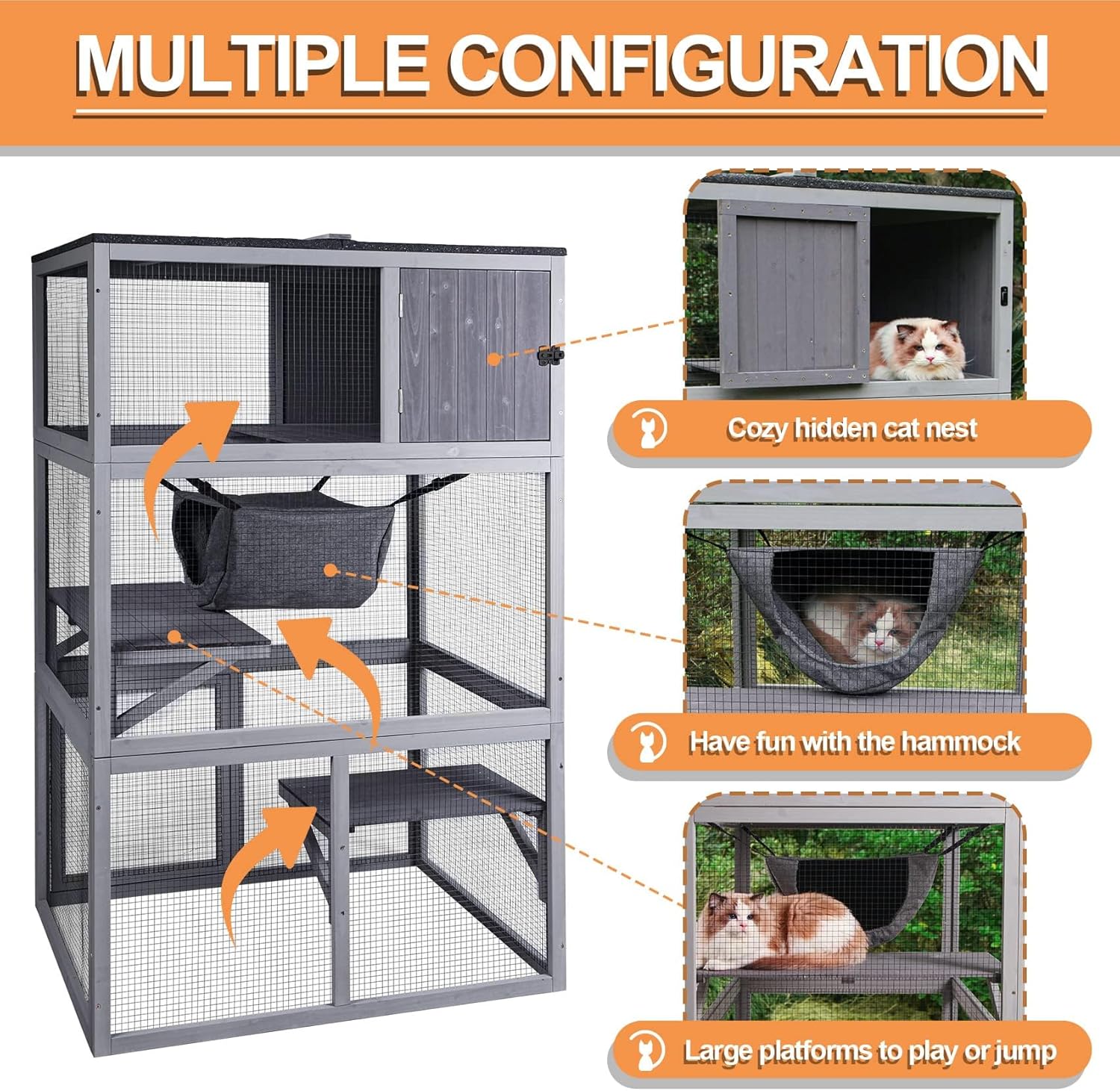 X-ZONE PET Catio Maison pour Chat en Bois à 3 étages avec hamac et boîte de Repos, Toit imperméable maison chat