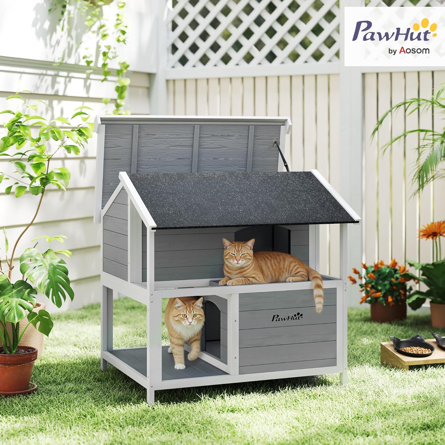 Maison pour Chats en Bois, Niche isolée pour Chats avec Toit ouvrant, Coussin Amovible, résistant aux intempéries Niche pour Caisse pour pour l'extérieur, 80 x 93 x 95 cm, Gris