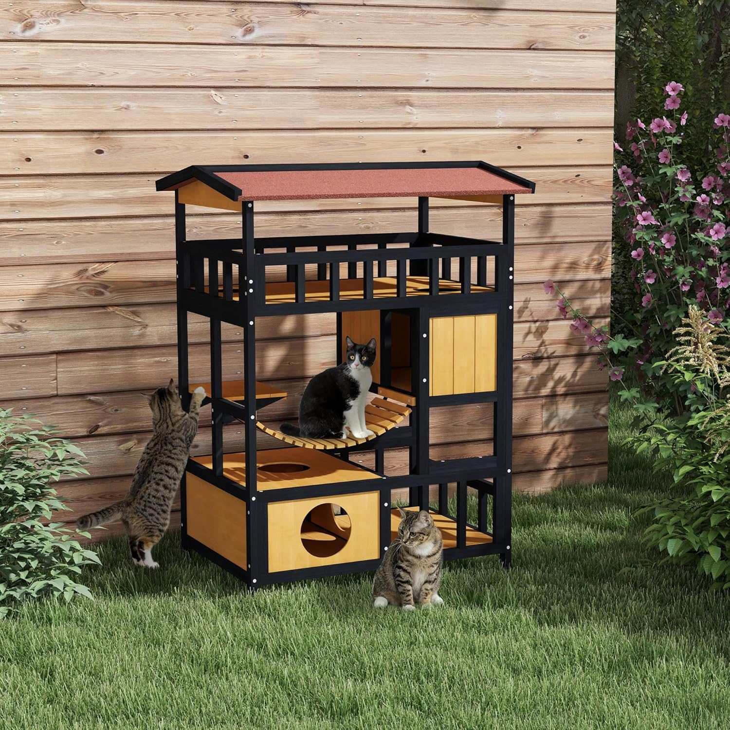 Maison en Bois pour Chat 84x60x116 cm Abri pour Chat à 4 Niveaux avec Pont Suspendu, Balcon et Toit en Asphalte pour l'intérieur et l'extérieur Naturel