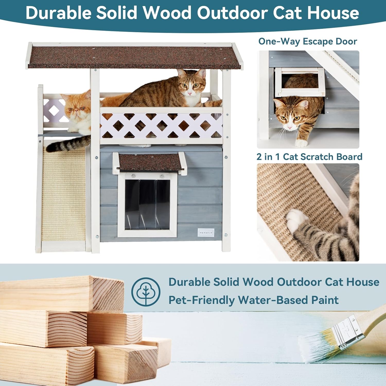 Maison pour Chats Niche d'extérieur en Bois Niche Chat extérieur avec Toit en Asphalte Maison Exterieur Chat Résistante à l'hiver avec Griffoir pour Chat & Terrasse, Gris 76 x 56 x 73 cm, Scratching Pad Gris