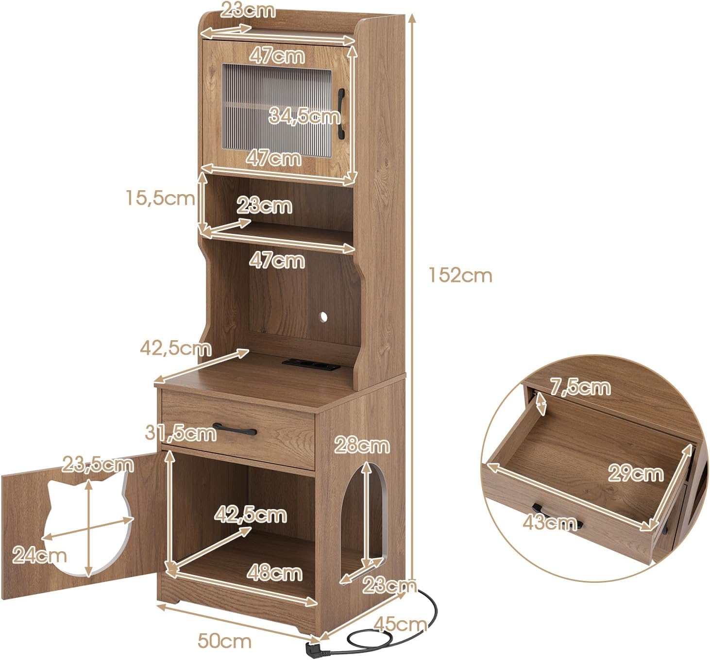 2-en-1 Meuble pour Chats avec Éclairage LED Ajustable, Station de Recharge Intégrée, Espace Cache Bac à Litière, Rangement de Nourriture, Niche avec Entrées Multiples (Naturel)