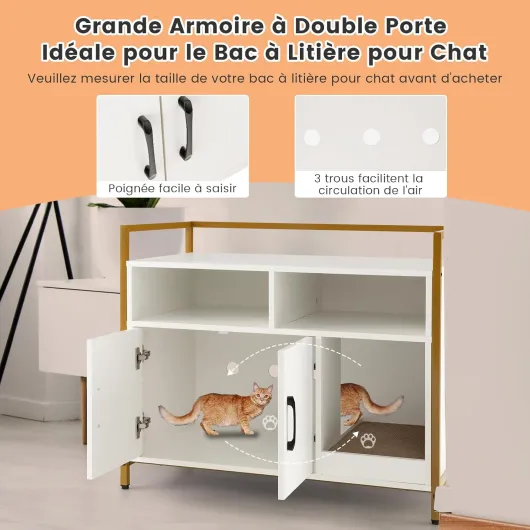 Meuble litière pour chats, structure en métal avec étagères, maison pour animaux de compagnie intérieur avec lavabo caché, 89 x 45 x 74,5 cm, blanc