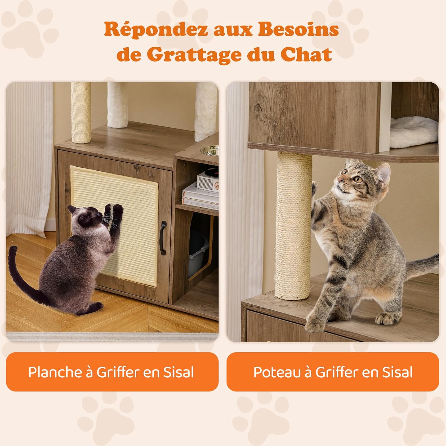 Meuble Litiere Chat Hauteur 155 CM, Arbre a Chat avec Niche, Hamac, Armoire Moderne pour Rangement, Maison de Litière, Bols d’Alimentation, avec Planche à Griffer, Balles Suspendu, Interieur Gris