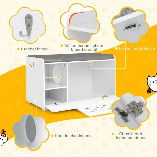 Maison pour Chat & Tabouret & Armoire de Rangement 3 en 1, Meuble de Bac à Litière pour Chat avec Porte Rabattable &Trous de Ventilation & Coussin Amovible, 90 x 48,5 x 52 CM Rectangle