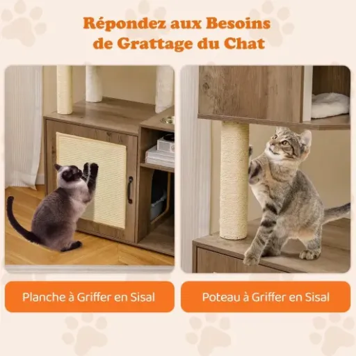 Test GOPLUS Meuble Litière 155 cm : arbre à chat tout-en-un qui cache (vraiment) le bac