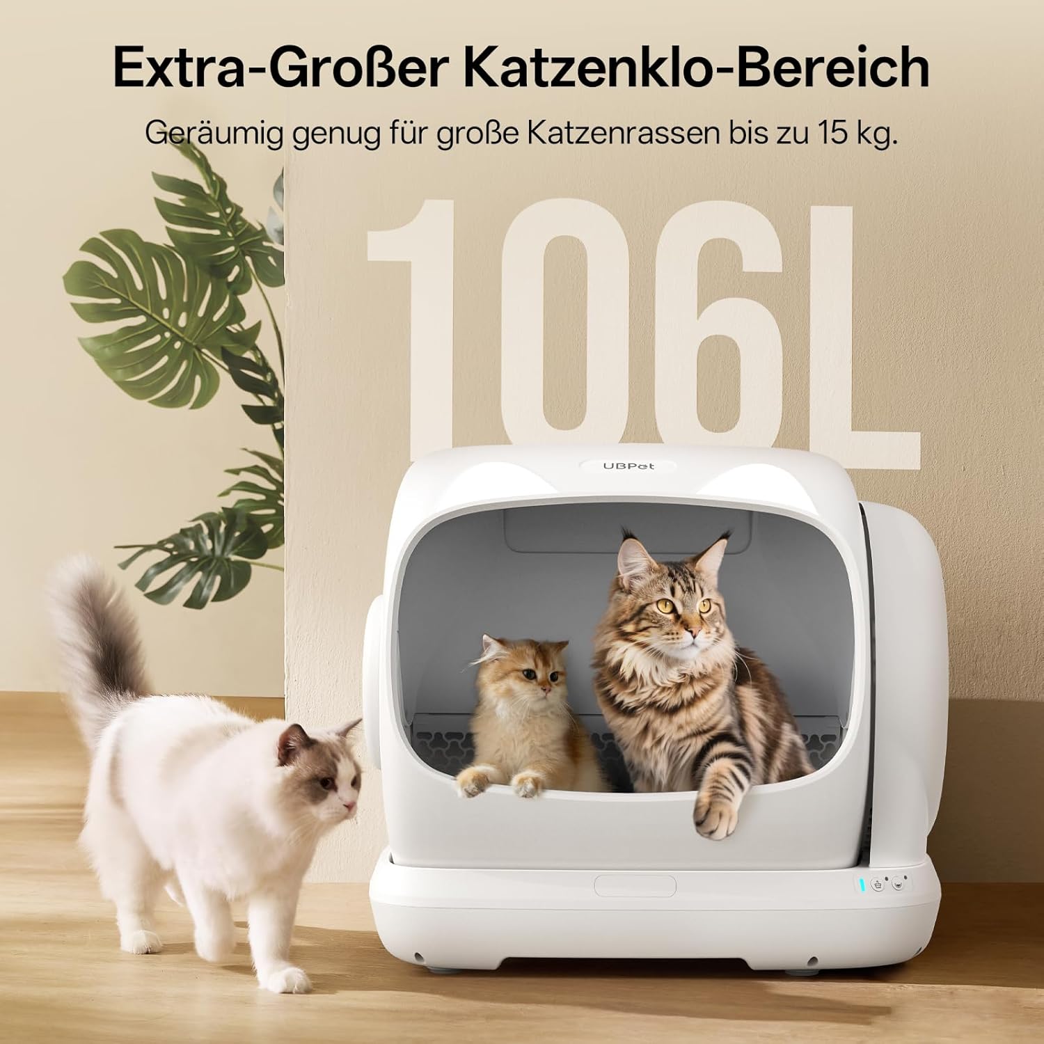 XXXL Litière Autonettoyante pour Chats,106L-Litière Automatique avec Contrôle par App, Désodorisant, Grande Capacité, pour Multiple Chats blanc