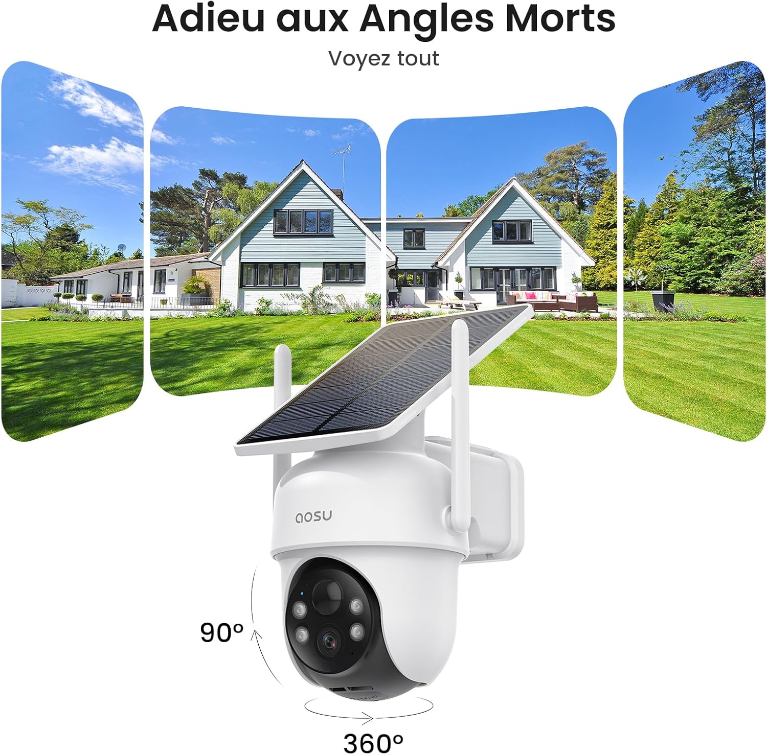 2K Camera Surveillance WiFi Exterieure Sans Fil Solaire, Kit de 4 Caméras & aosuBase, Sans Abonnement Stockage Local, 3MP 360° PTZ Suivi Automatique Vision Nocturne Alarme Son & Lumière 2,4/5 GHz Kit 4 Caméras