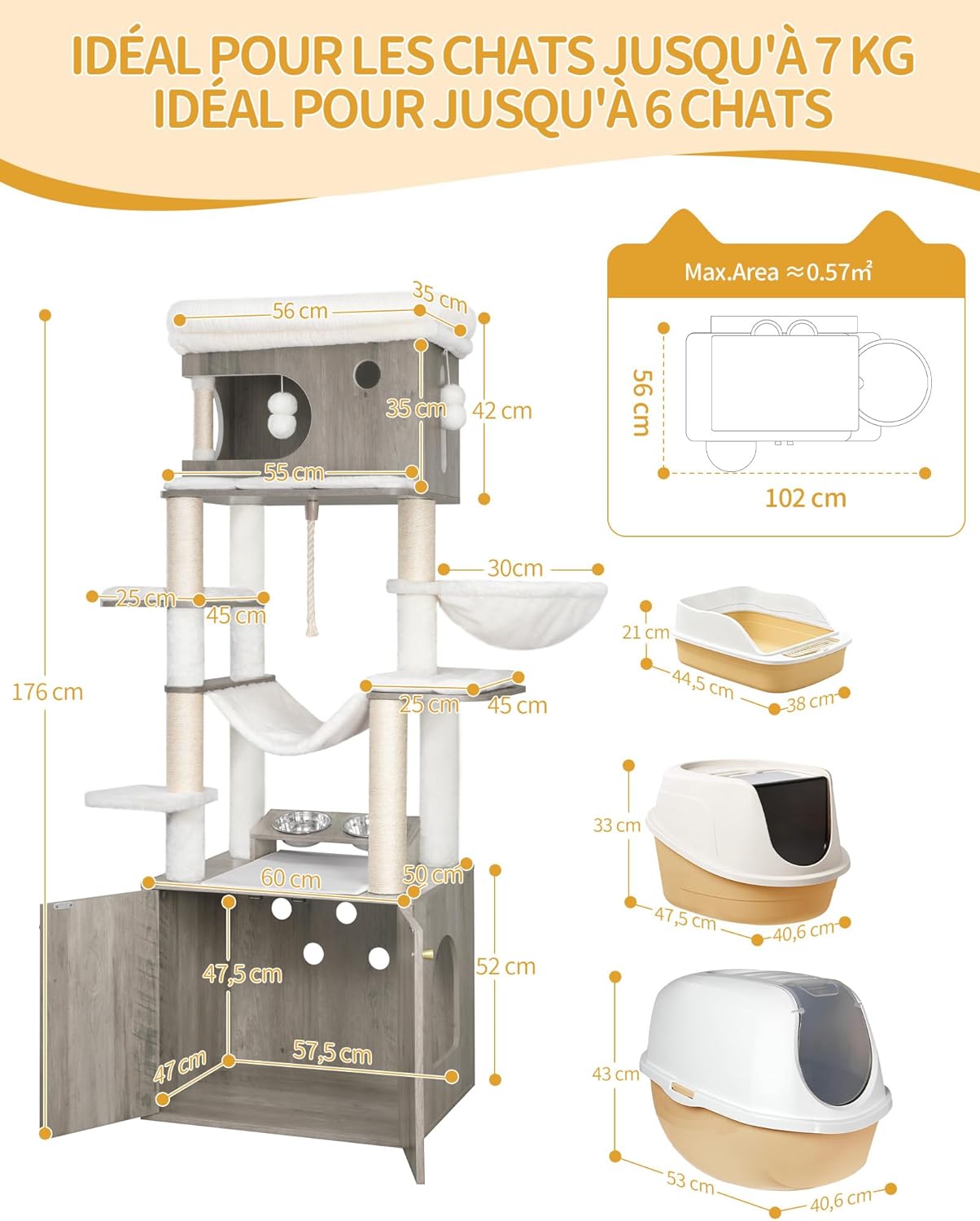 Arbre à Chat avec Meuble Litiere Chat, Mangeoire, Hauteur 176 cm, avec Grande Plateforme, Corde en Sisal, Hamac, Coussin Lavable, Balles en Peluche, Greige CB89105WT